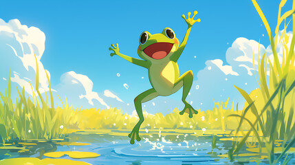 Obraz premium A joyful frog leaps from a pond, splashing water under a bright blue sky and lush greenery.