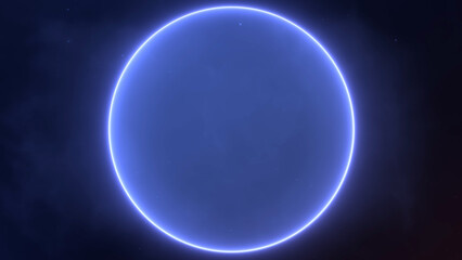 Blank minimalist glowing gray blue energy sphere on dark fog abstract background. Empty digital fantasy futuristic sci fi screensaver for business. Soft modern magic circle .