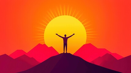 A person standing at the edge of a cliff, arms wide open, gazing at a sunrise symbolizing new beginnings, natural tones, soft golden light.