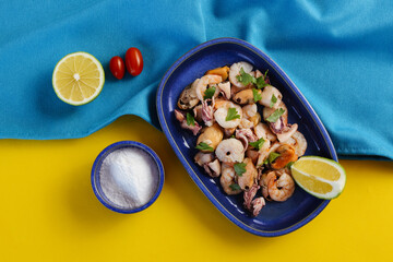 Seafood Salad featuring a mix of fresh shellfish and citrus flavors.