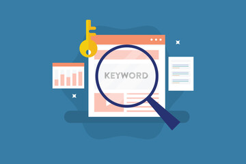 Keyword Research for website SEO, Keyword research tool, Website SEO keyword optimization, Selecting right keywords. Vector illustration concept.