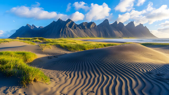 Sand dunes at Stokksnes along Iceland�s southeastern coast, with the Vestrahorn mountain in the backdrop.