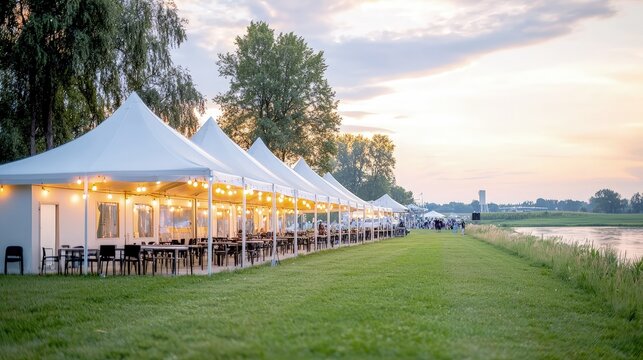 Outdoor event space with white tents and string lights by a lake at sunset.