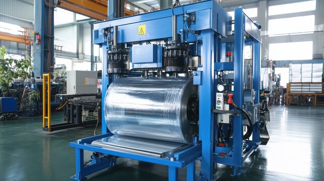 Close up of LDPE blown film extrusion plastic bag making machine with air ring part. Ai generated image