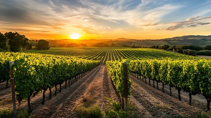 Fototapeta premium Vivid Vineyard Rows Glow Under Sunset Sky Wide Photo. AI Generated