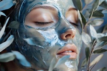 Fototapeta premium Woman with a blue hydrating facial mask and leaves