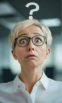 Business vertical video. Question mark above the head of a mature businesswoman. An employee who is confused about his job. Mature businesswoman asking questions during brainstorming.