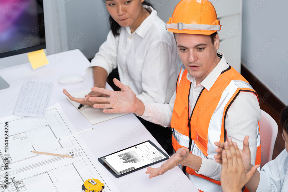 Poster diverse group of civil engineer and client working together on architectural project, reviewing cons