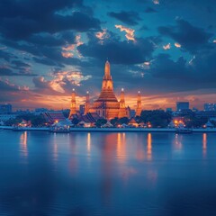 Illuminated Wat Arun Temple an iconic Buddhist temple landmark on the banks of the Chao Phraya River reflected in the water at sunset with a dramatic cloudy sky over the Bangkok cityscape