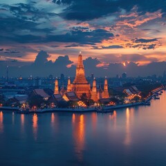 Fototapeta premium Majestic Wat Arun the iconic riverside temple in Bangkok Thailand captured at a captivating dramatic sunset with vibrant colors and reflections on the Chao Phraya River