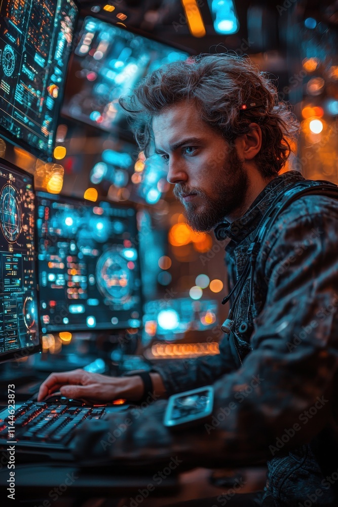 Poster focused professional works in futuristic command center with advanced technology screen displays