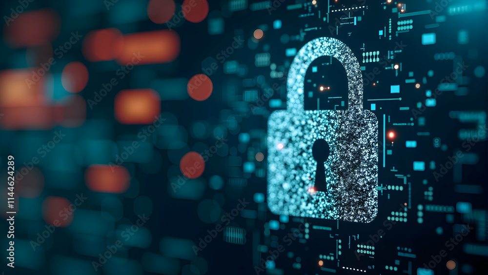 Poster cybersecurity: a shimmering digital padlock protects data in a futuristic, tech-driven landscape.