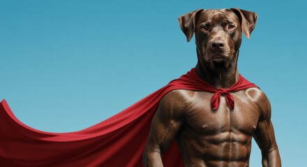 Muscular dog with red cape, superhero or pet with bodybuilder, sky or strong animal. Power, fantasy or brave with hero, fun or fit for comic, concept or portrait