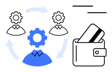 Gear heads above business figures connected by arrows, wallet with credit card. Ideal for financial management, teamwork, business processes, transactions, banking, automation strategy. Line