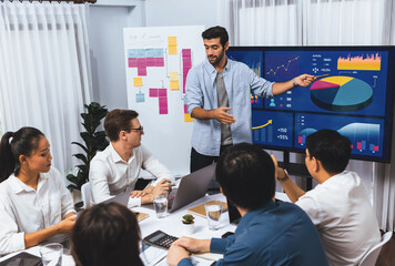 Presentation in office or meeting room with analyst team utilizing BI Fintech to analyze financial data. Businesspeople analyzing BI dashboard power display on TV screen for strategic planning.Prudent