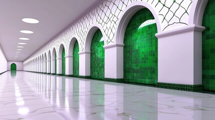 Obraz premium Elegant Arabic Archway Corridor Green Tiles White Pillars Marble Floor
