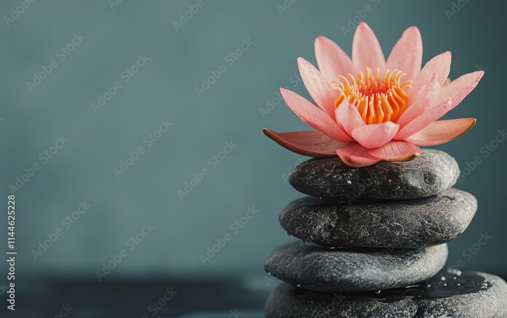 Poster tranquil lotus flower resting atop smooth stones in a serene setting reflecting calm and harmony in 