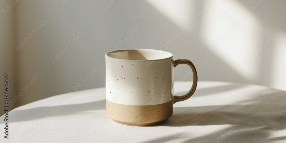 Poster a minimalist ceramic mug sits elegantly on a round table. the soft tones and simple design add a tou