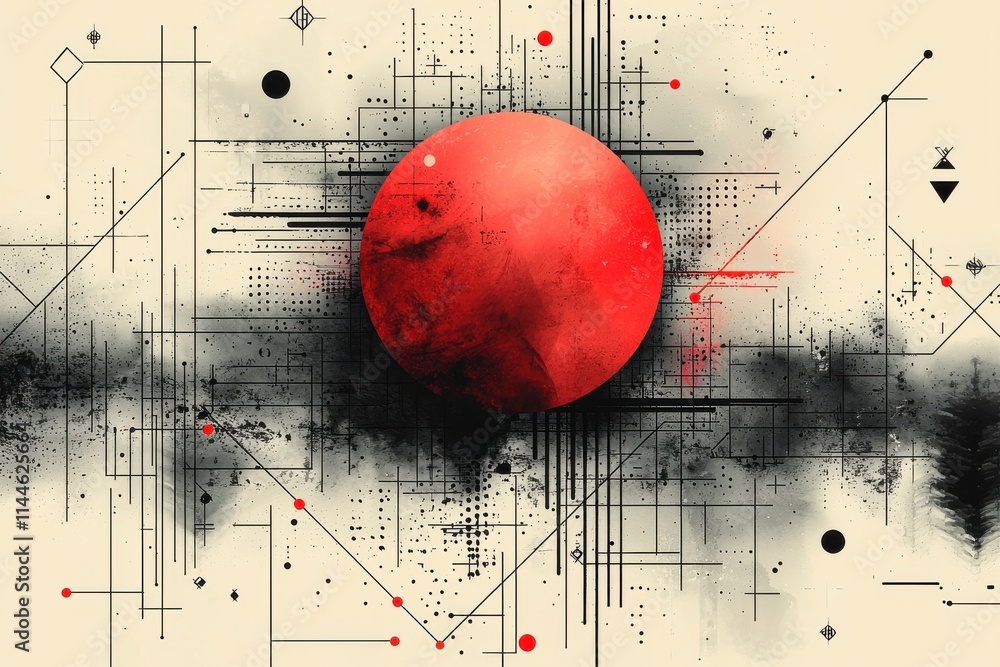 Poster abstract geometric design featuring bold red circle and intricate graphic patterns
