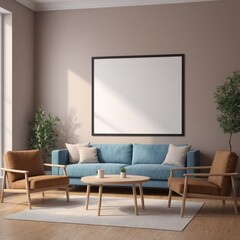 Frame mockup, ISO A paper size. Living room wall poster mockup. Interior mockup with house background. Modern interior design. 3D render