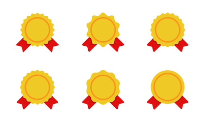 Gold award medal icon set in flat design. Badge ribbon sign symbol