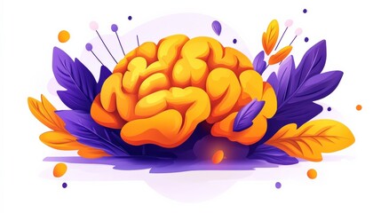 Colorful and Vibrant Abstract Brain Illustration Surrounded by Leaves and Decorative Elements for Creative and Educational Contexts