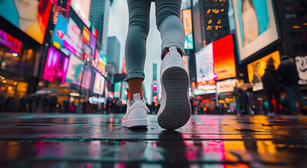 Fototapeta premium A person in white sneakers stands in rainy Times Square amid bright ads