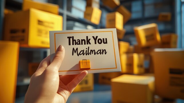 Hand holding thank you note for mailman amidst packages.
