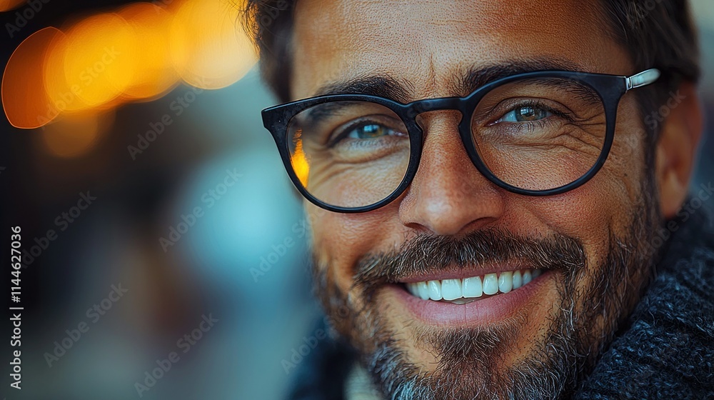 Poster a smiling man with glasses, showcasing warmth and approachability.