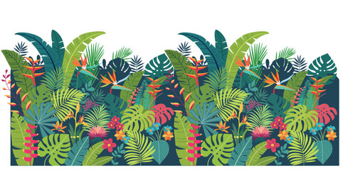Tropical green leaves, exotic plants, and vibrant flowers create a stunning nature background. A botanical border paired with a floral banner, Nature background Featuring lush greenery