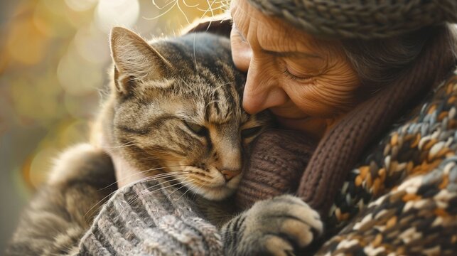 Elderly woman cuddling tabby cat in warm light closeup image. Kitten snuggles, knitted sweater. Furry companion tender connection close up photography. Emotional bond concept photo - Powered by Adobe