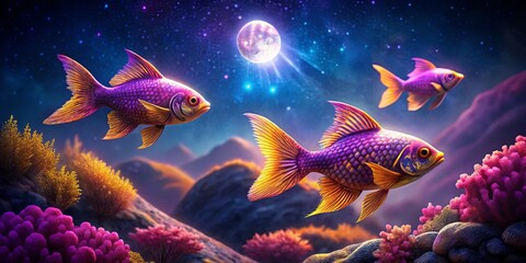 Colorful Fish Swimming Under Starry Sky