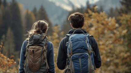 Fototapeta na wymiar Couple with backpacks gazes at breathtaking autumn mountains image. Outdoor adventure. Backcountry hiking photography scene. Forest travelers. Nature trek concept photorealistic photo