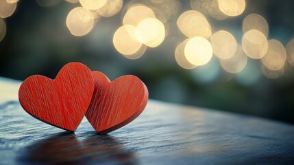 Fototapeta premium Two wooden red hearts placed close together on a surface with softly glowing lights in the background, creating