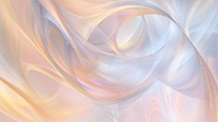 Swirling layers of translucent clouds in muted pink, pale gold, and silver-gray, intertwining in a dreamlike harmony, capturing the delicate serenity of dawn's first light