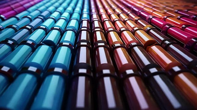 Abstract image featuring rows of shiny cylinders in a spectrum of colors, creating a visually appealing background. The cylinders are arranged in parallel lines, converging towards the horizon