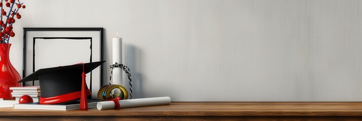 Graduation celebration featuring framed certificate against school items and copy space for personalized messages. Generative AI