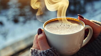 Gloved hands gently cradling a steaming cup of aromatic coffee outdoors. Warm cozy winter scene. Hot Mug of beverage in the wool mittens closeup. Warming drink at cold weather. Hike, camping concept - Powered by Adobe