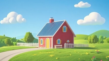 Obraz premium Bright Red House with Solar Panels in Scenic Landscape