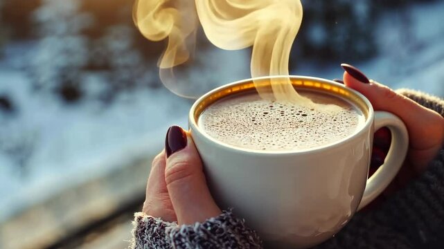 Gloved hands gently cradling a steaming cup of aromatic coffee outdoors. Warm cozy winter scene. Hot Mug of beverage in the wool mittens closeup. Warming drink at cold weather. Hike, camping concept