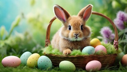 Small ,baby rabbit in easter basket with fluffy fur and easter eggs in the fresh,green spring landscape. Ideal as an easter card or greeting card or wallpaper.
