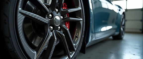Sleek Carbon Fiber Wheel: A Close-Up of Automotive Excellence. Red brake calipers add a sporty touch!