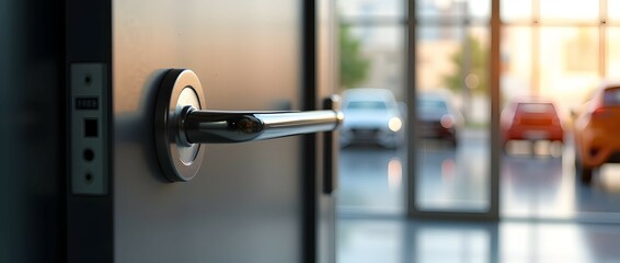 A glimpse beyond: Car showroom awaits, sunlit and inviting.  Step into a world of sleek vehicles!