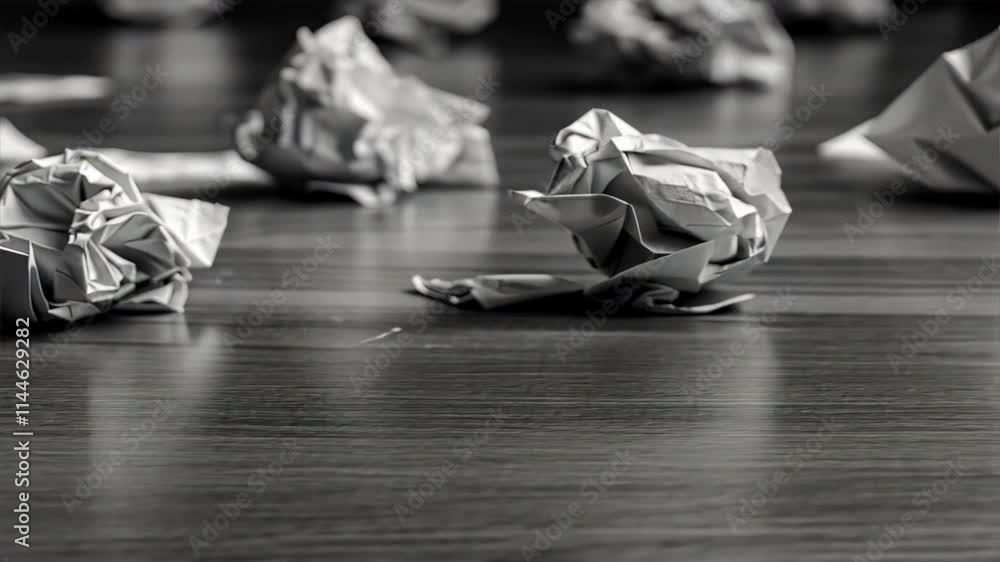 Poster Crumpled paper balls scattered on wooden floor create chaotic yet artistic monochrome background, enhancing texture and depth in abstract scene of creativity.