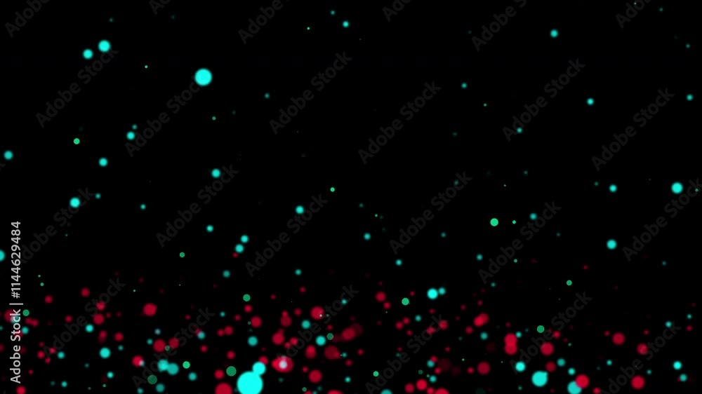 Poster abstract loop animation red blue bokeh particles flowing up on black background. 4k 3d red blue boke