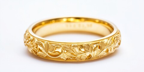 Elegant gold ring with intricate floral patterns captures timeless beauty. The shiny finish enhances its charm. Perfect for weddings or special occasions. AI
