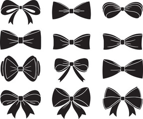 Elegant black ribbon bows set: monochrome decorative holiday symbols, Vector outline illustrations, svg cut files on transparent background. 