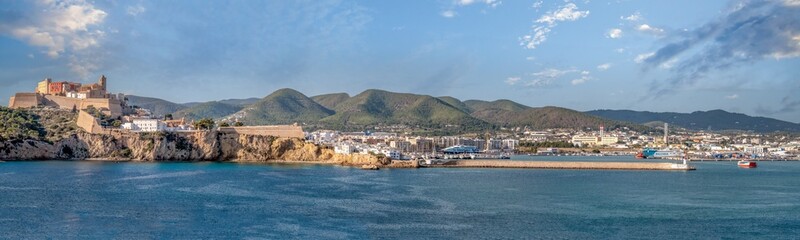 The harbor of Ibiza, with the UNESCO World heritage site of the old town on the left, Ibiza, Balearic Islands, Spain