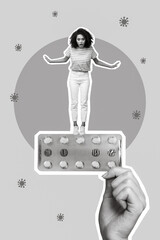 Creative photo 3d collage artwork postcard poster of worried nervous girl afraid catch bacteria covid19 isolated on painting background