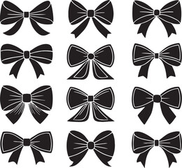 Elegant black ribbon bows set: monochrome decorative holiday symbols, Vector outline illustrations, svg cut files on transparent background. 